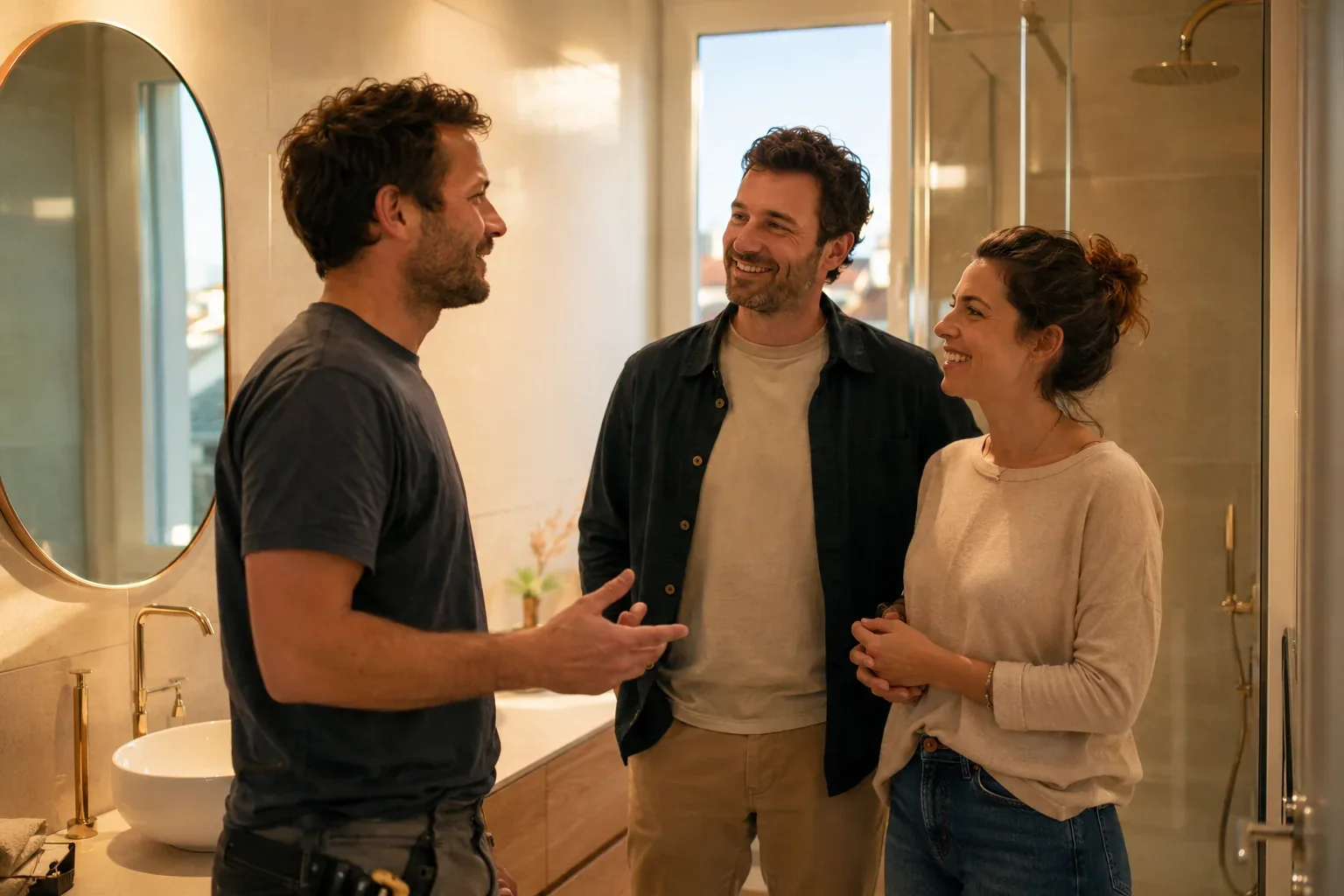 Artisan échangeant avec ses clients après une rénovation