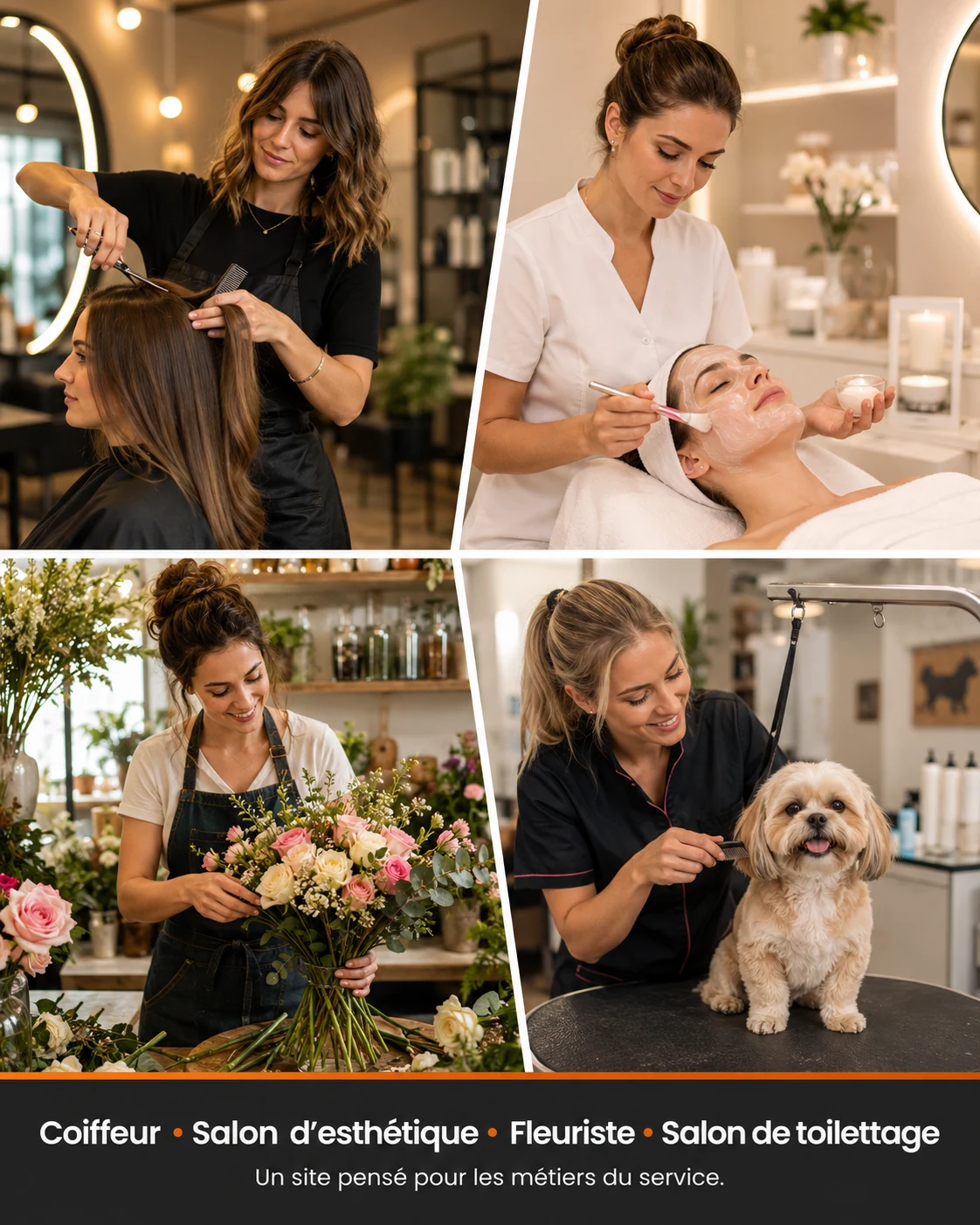 Coiffeuse, esthéticienne, fleuriste et toiletteuse pour animaux en plein travail