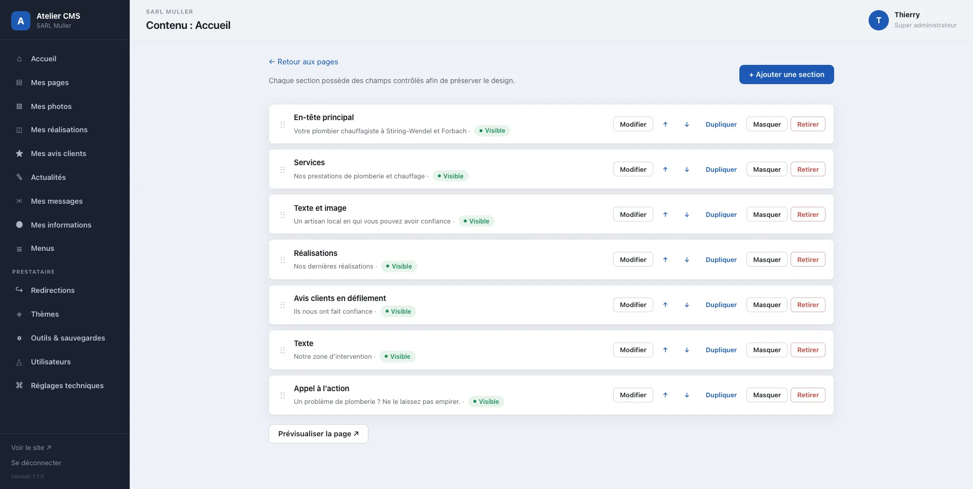 Gestion des différentes sections d'une page