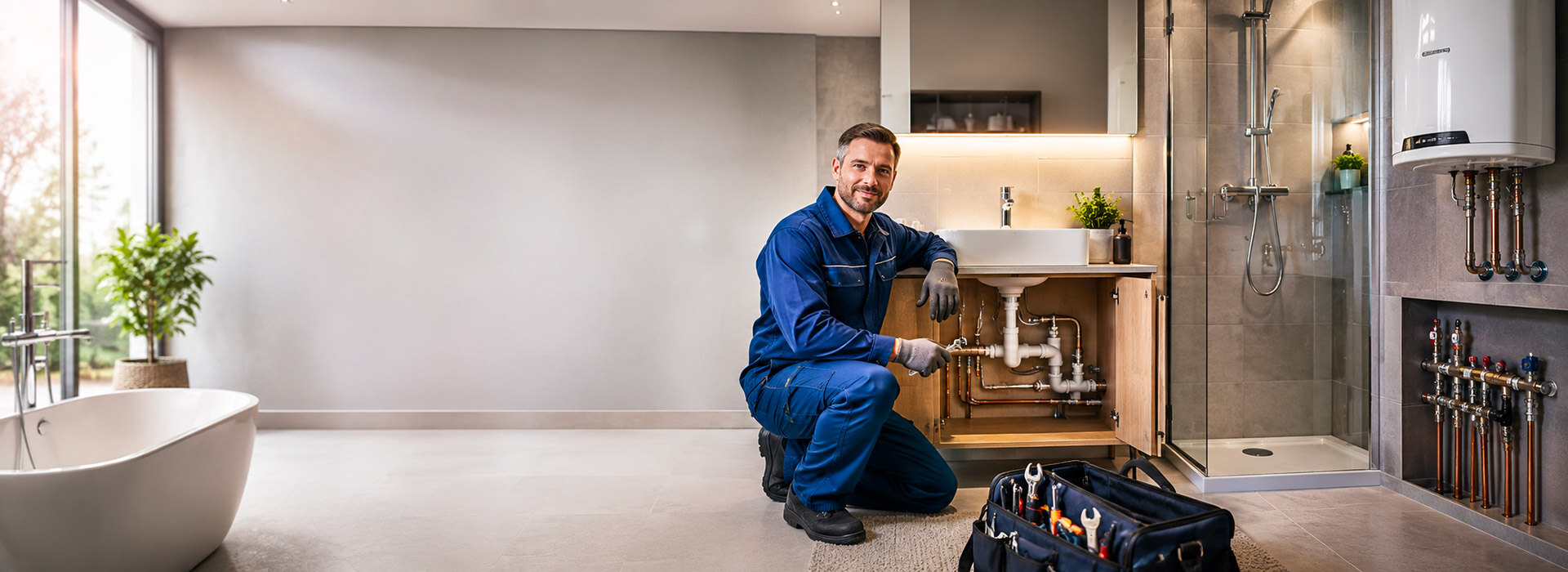 Plombier dans une salle de bain avec ses outils